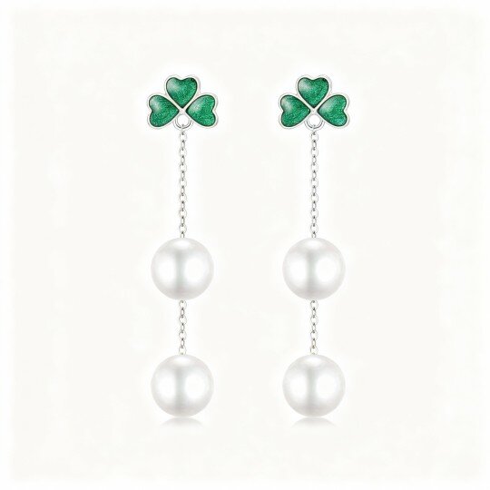 10K White Gold Pearl Shamrock Drop Earrings