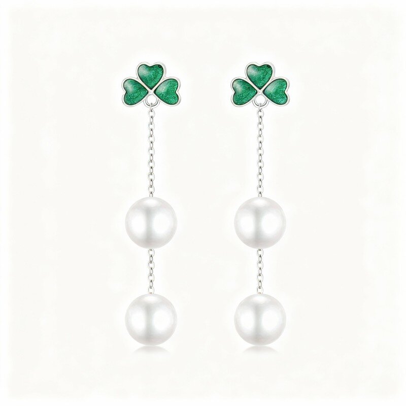 Boucles d'oreilles pendantes en or blanc 10 carats avec perles et trèfle-20