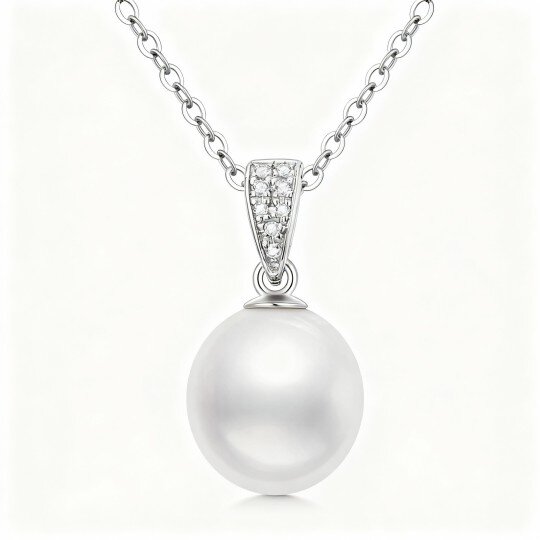 10K White Gold Cubic Zirconia & Pearl Spherical Pendant Necklace