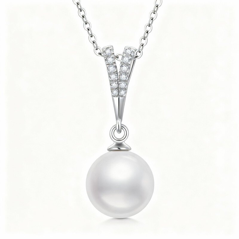 Collar con colgante esférico de oro blanco de 10 quilates, circonita cúbica y perla-17