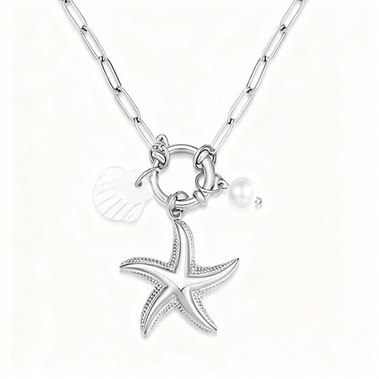 Collana con ciondolo a forma di stella in oro bianco 10K e perle