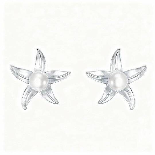 Brincos estrela-do-mar em ouro branco 9K com pérola