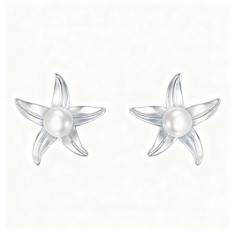 Brincos estrela-do-mar em ouro branco 10K com pérolas-4