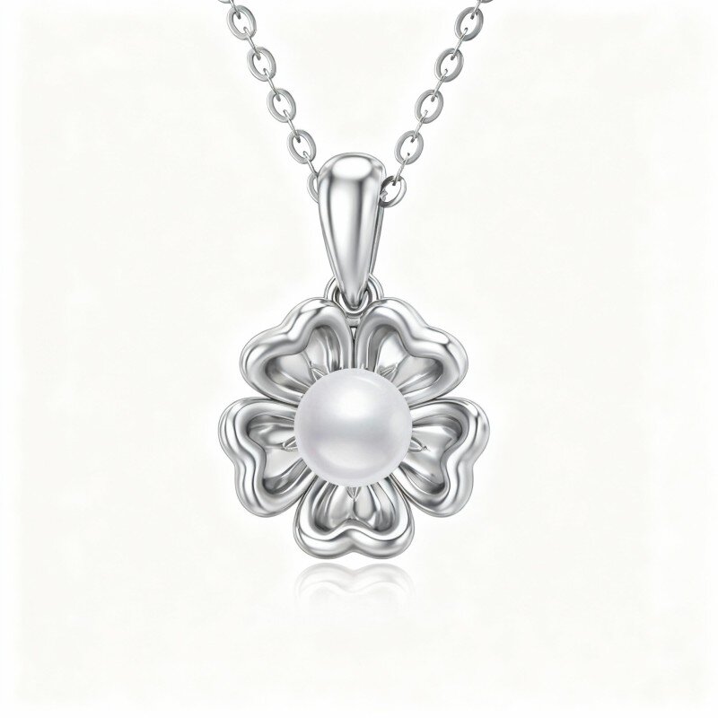 10K White Gold Pearl Sunflower Pendant Necklace-2