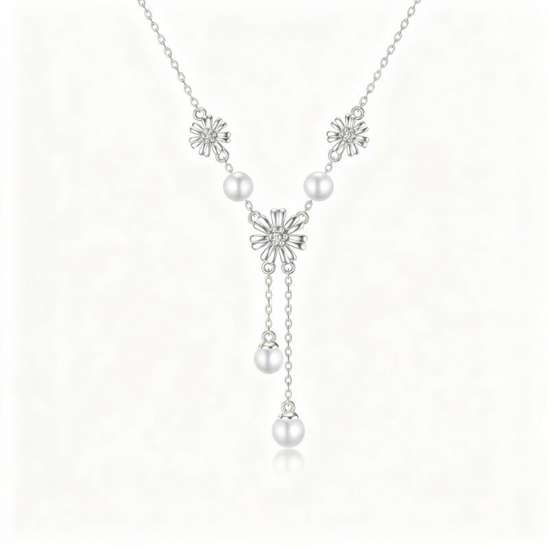 10K White Gold Pearl Sunflower Pendant Necklace-9