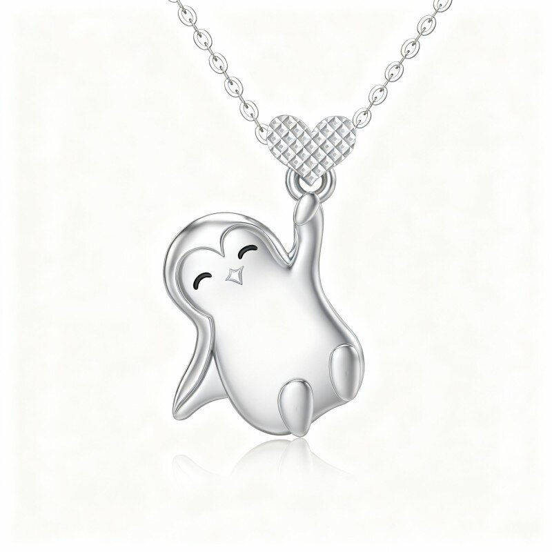 10K White Gold Penguin & Heart Pendant Necklace-9