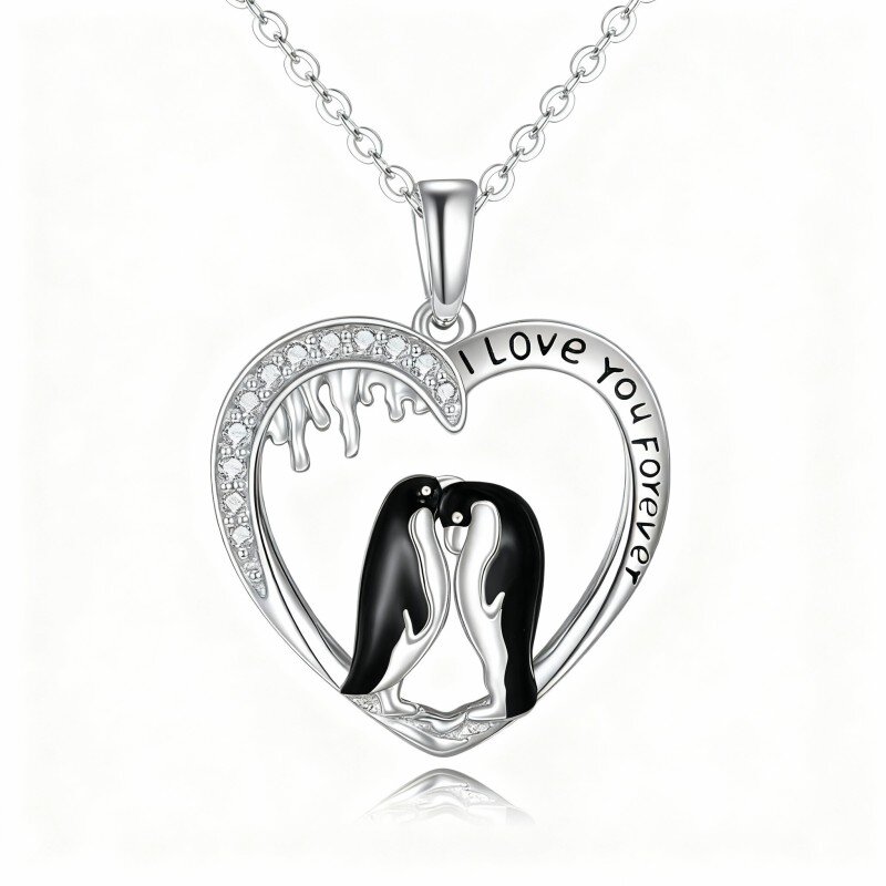 10K White Gold Cubic Zirconia Penguin & Heart Pendant Necklace-2