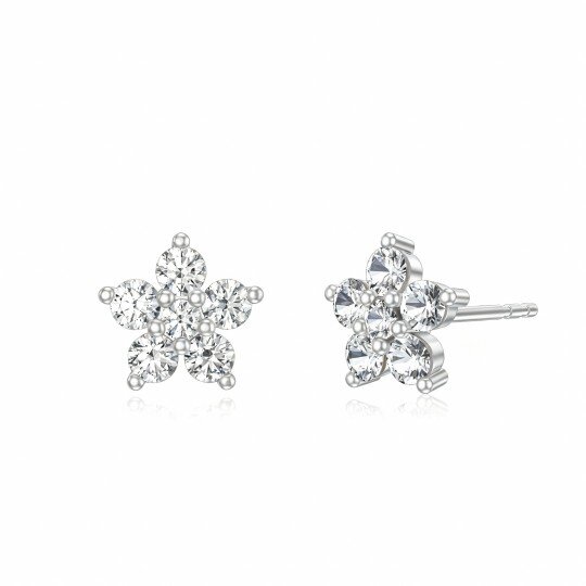 10K White Gold Cubic Zirconia Peony Flower Stud Earrings
