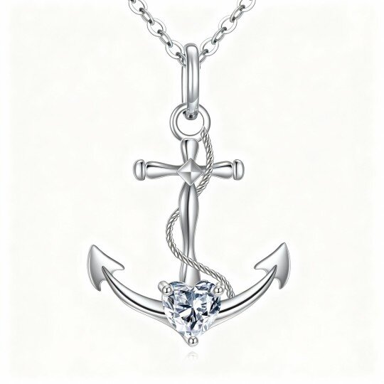 10K White Gold Cubic Zirconia Personalized Birthstone & Anchor & Cross Pendant Necklace