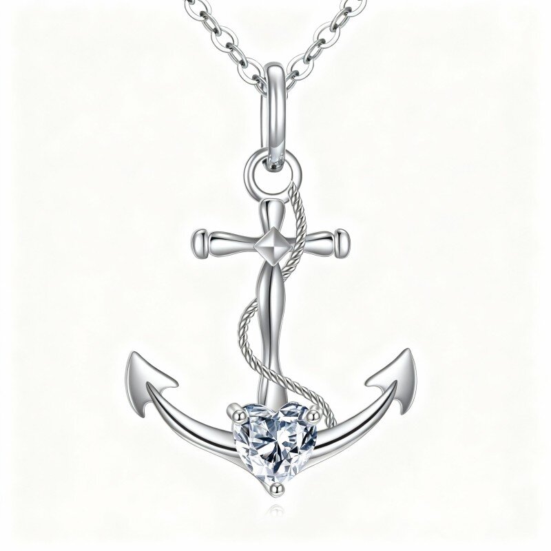 Collar con colgante personalizado de oro blanco de 10 quilates, circonita cúbica, piedra natal, ancla y cruz-1