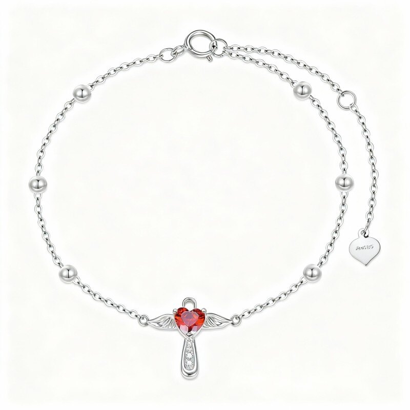 Platinum with White Gold Plated Cubic Zirconia Personalized Birthstone & Angel Wing & Cross & Heart Charm Bracelet-1