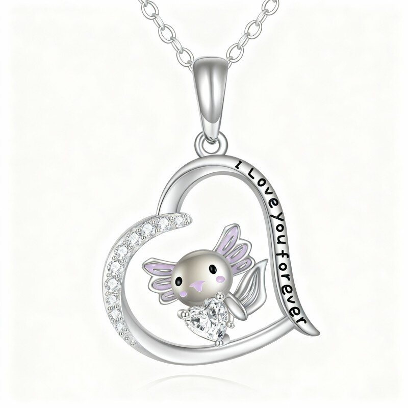 10K White Gold Cubic Zirconia & Personalized Birthstone Axolotl & Heart Pendant Necklace with Engraved Word-1