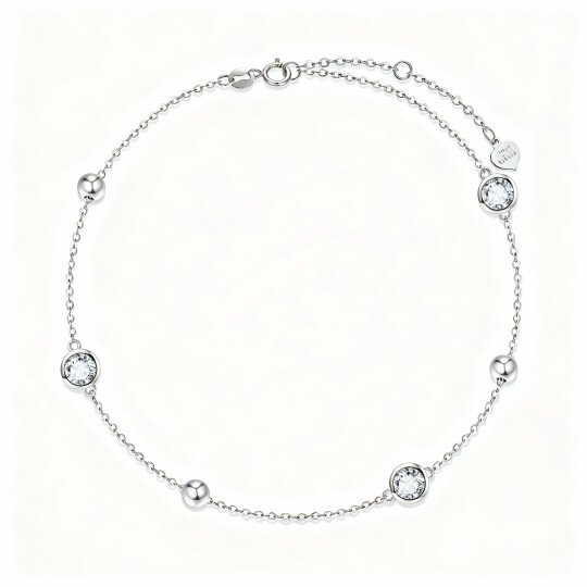 10K White Gold Cubic Zirconia Personalized Birthstone & Bead Charm Bracelet