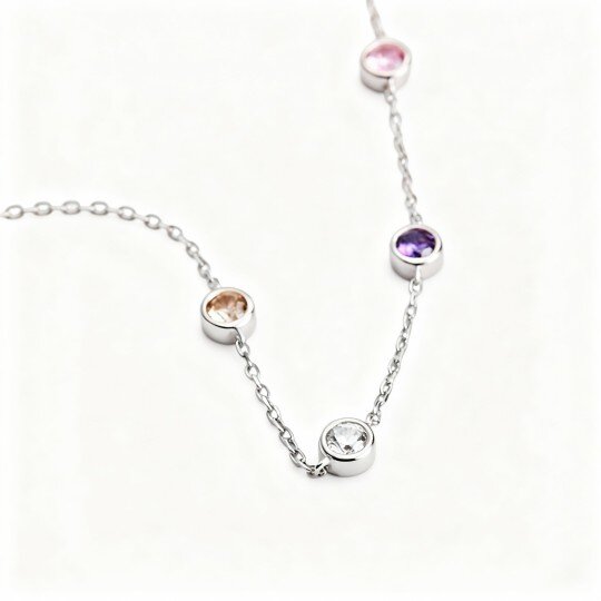 10K White Gold Cubic Zirconia Personalized Birthstone Bead Station Chain Bracelet