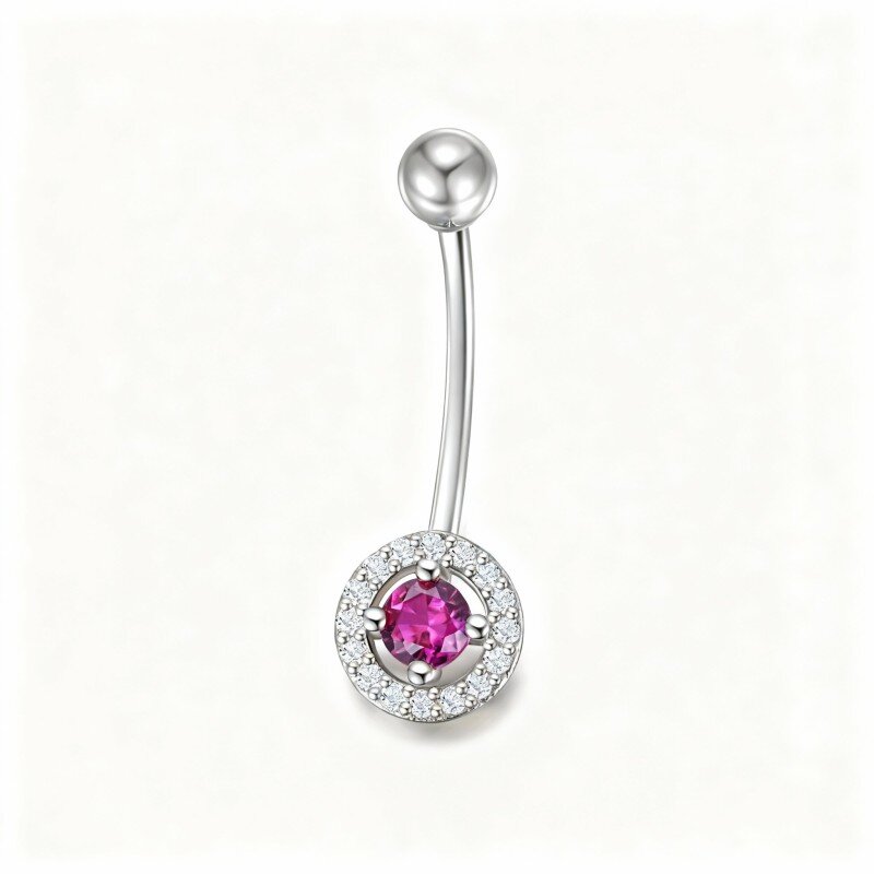 10K White Gold Cubic Zirconia Personalized Birthstone Belly Button Ring-1
