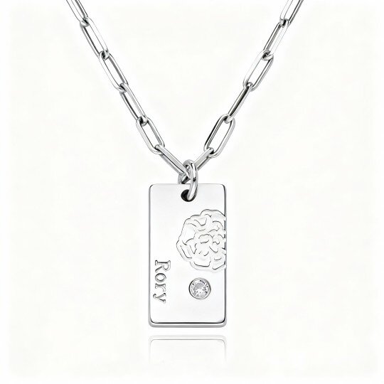 9K White Gold Cubic Zirconia & Personalized Birthstone Birth Flower Pendant Necklace