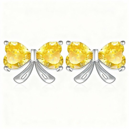 10Kホワイトゴールド キュービックジルコニア パーソナライズ誕生石＆リボンスタッドピアス