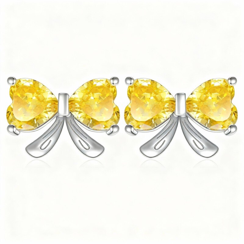 Personalisierte Ohrstecker aus 14-karätigem Weißgold mit Zirkonia, Geburtsstein und Schleife-1