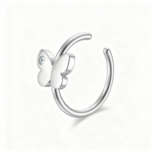 Anillo nasal de mariposa con circonita cúbica y piedra natal personalizada en oro blanco de 10 quilates