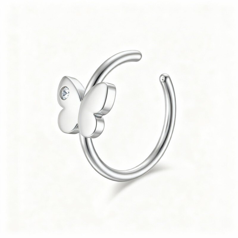 Anneau de nez papillon en or blanc 10 carats, zircon cubique et pierre de naissance personnalisée-1
