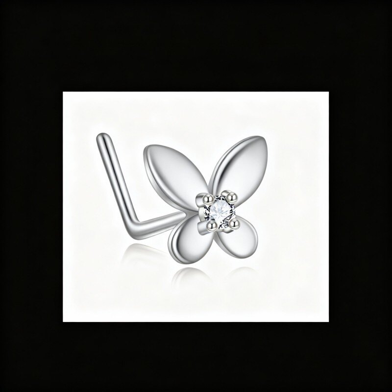 10K White Gold Cubic Zirconia & Personalized Birthstone Butterfly Nose Ring-3