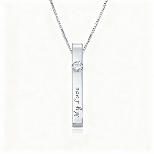 10K White Gold Cubic Zirconia Personalized Birthstone & Personalized Classic Name Bar Necklace