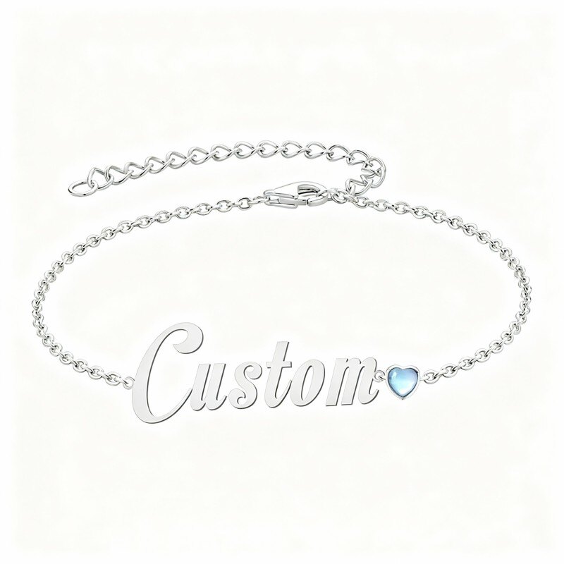 Pulsera de platino con circonitas cúbicas chapadas en oro blanco, piedra natal personalizada y dije clásico personalizado con nombre.-1