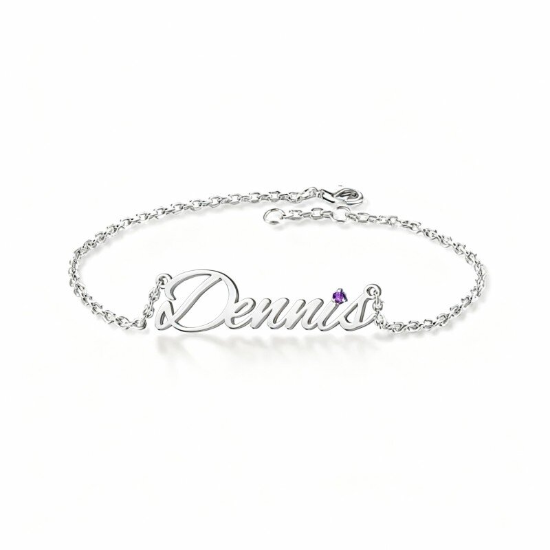 سوار من الذهب الأبيض عيار 10 قيراط مرصع بالزركونيا المكعبة، يحمل اسمك وحجر ميلادك، مع سحر كلاسيكي مخصص-1