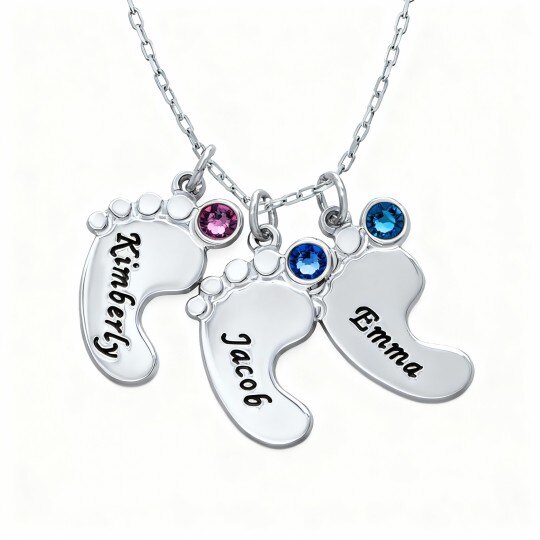 Collar con colgante personalizado de oro blanco de 10 quilates, circonita cúbica, piedra natal, nombre clásico y huella de los pies