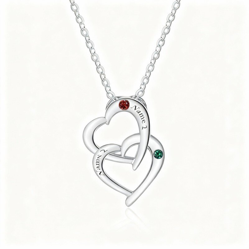 Platinum with White Gold Plated Cubic Zirconia Personalized Birthstone & Personalized Classic Name & Heart Pendant Necklace-1