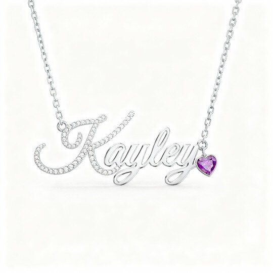 10K White Gold Cubic Zirconia Personalized Birthstone & Personalized Classic Name & Heart Pendant Necklace