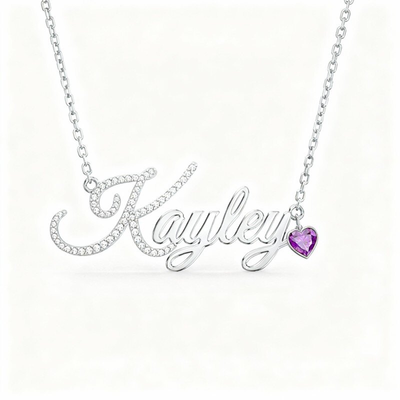 10K White Gold Cubic Zirconia Personalized Birthstone & Personalized Classic Name & Heart Pendant Necklace-11