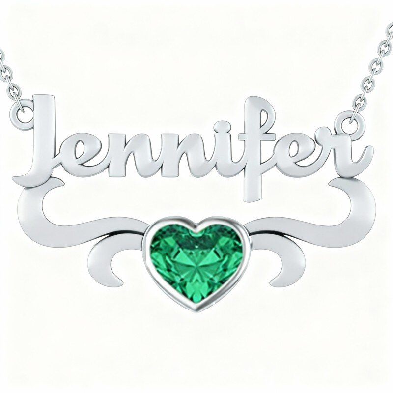 Platinum with White Gold Plated Cubic Zirconia Personalized Birthstone & Personalized Classic Name & Heart Pendant Necklace-1