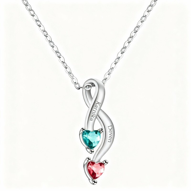 14K White Gold Cubic Zirconia Personalized Birthstone & Personalized Classic Name & Heart Pendant Necklace-1