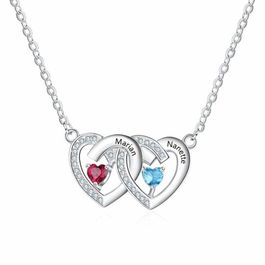 10K White Gold Cubic Zirconia Personalized Birthstone & Personalized Classic Name & Heart & Heart With Heart Pendant Necklace