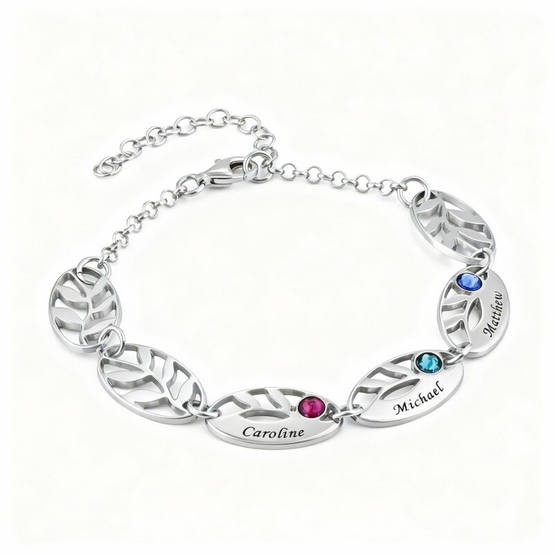 Pulsera de oro blanco de 10 quilates con circonitas cúbicas, piedra natal personalizada y dije clásico de hojas con nombre personalizado.-1