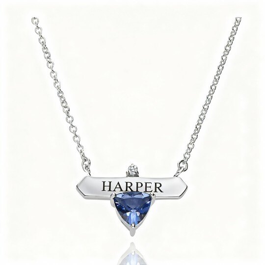 Collar con colgante de oro blanco de 10 quilates, circonita cúbica, piedra natal personalizada y nombre clásico personalizado