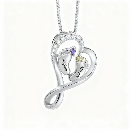 Collar con colgante de oro blanco de 10 quilates, circonita cúbica, piedra natal personalizada y nombre clásico personalizado