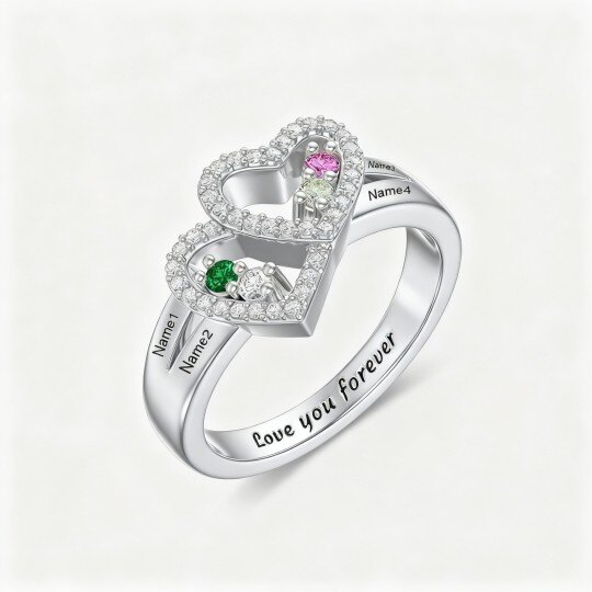 10K White Gold Cubic Zirconia Personalized Birthstone & Personalized Classic Name Birthstone Ring