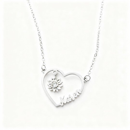 10K White Gold Cubic Zirconia & Personalized Birthstone & Personalized Classic Name Sunflower & Heart Pendant Necklace