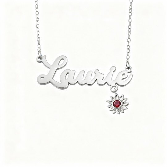10K White Gold Cubic Zirconia & Personalized Birthstone & Personalized Classic Name Sunflower Pendant Necklace