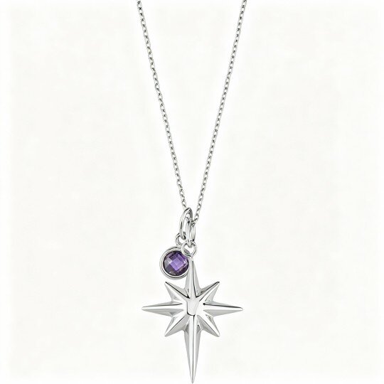 10K White Gold Cubic Zirconia Personalized Birthstone & Compass Pendant Necklace