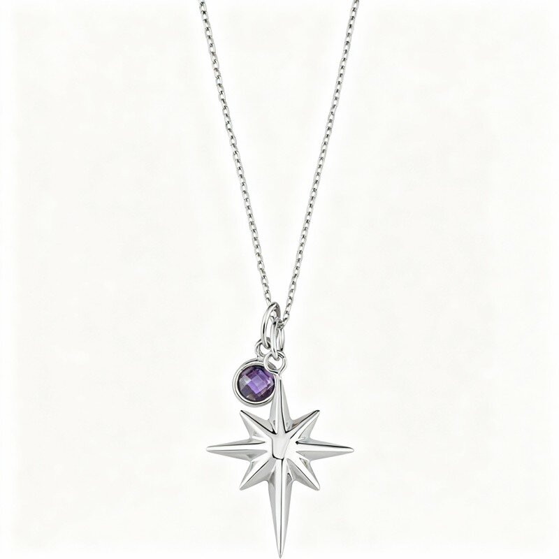 10K White Gold Cubic Zirconia Personalized Birthstone & Compass Pendant Necklace-9