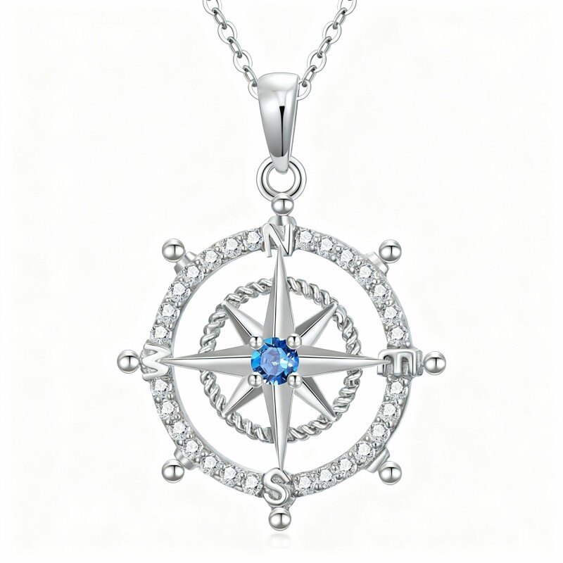 Personalisierte Halskette aus 18-karätigem Weißgold mit Zirkonia-Geburtsstein- und Kompassanhänger-1