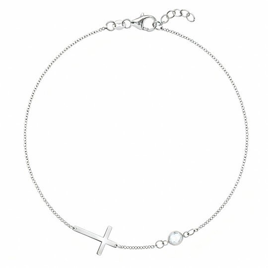 Pulseira personalizada em ouro branco de 18 quilates com zircónias cúbicas, pendente de cruz e pedra de nascimento.