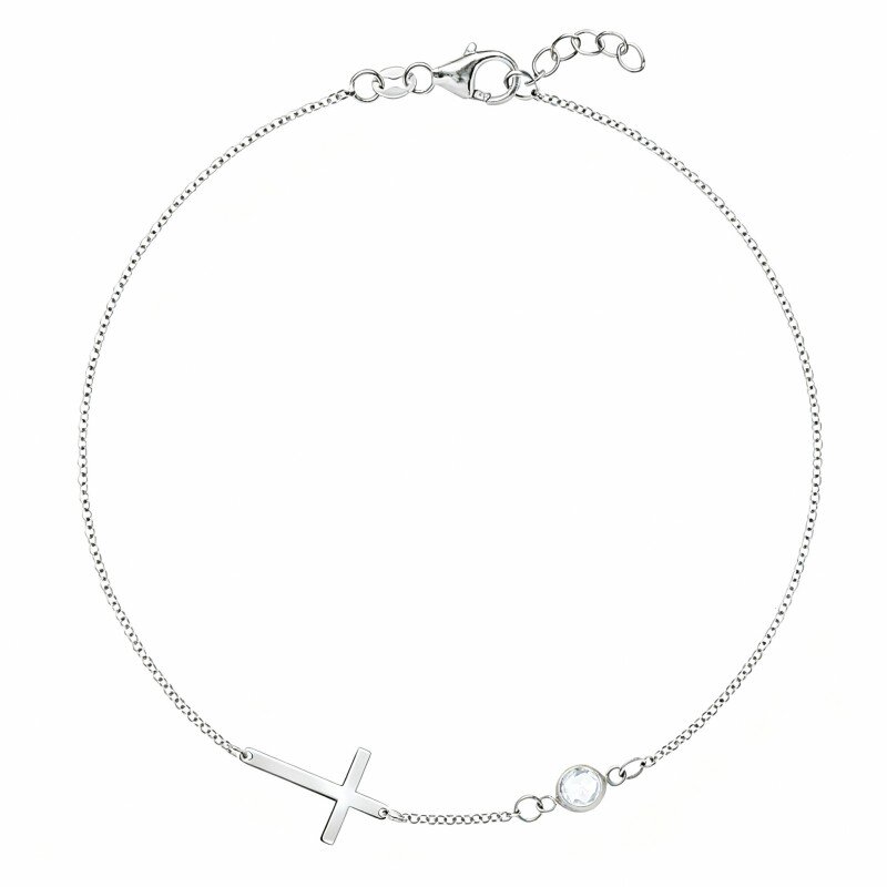 10K White Gold Cubic Zirconia Personalized Birthstone & Cross Charm Bracelet-1