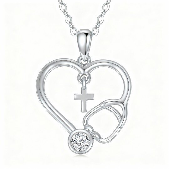 10K White Gold Cubic Zirconia Personalized Birthstone & Cross & Heart & Stethoscope Pendant Necklace