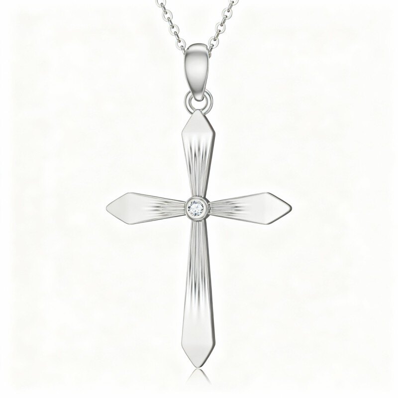 Collar con colgante de cruz y piedra natal personalizada en oro blanco de 18 quilates con circonita cúbica-1