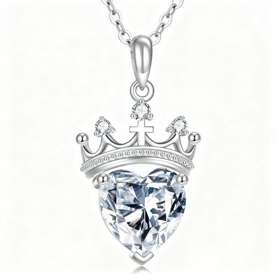 10K White Gold Cubic Zirconia Personalized Birthstone & Crown & Heart Pendant Necklace