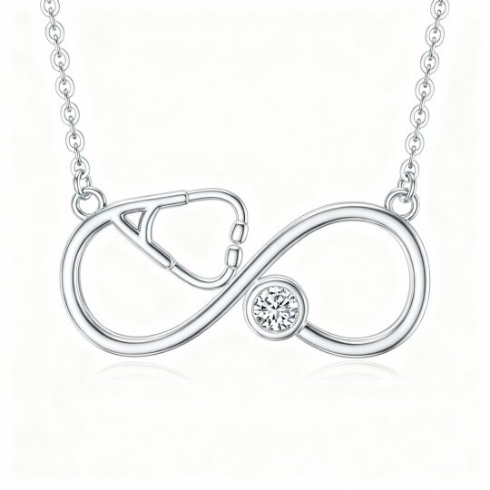 10K White Gold Cubic Zirconia Personalized Birthstone & Electrocardiogram & Infinity Symbol Pendant Necklace